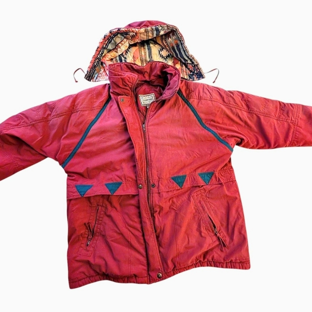 Current Seen 90s Coat Rose Teal Blue Accents Aztec Print Hood Size 1x Gorpcore